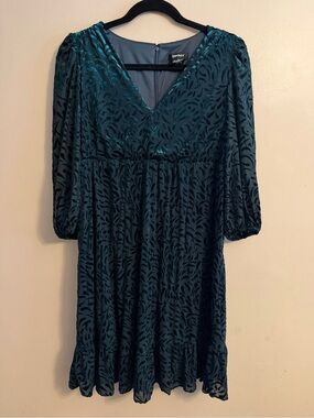 DKNY Teal Patterned V-Neck Long Sleeve Midi Dress